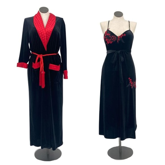 90s Y2K Velvet Robe & Slip Set Red and Black Luxurious Set